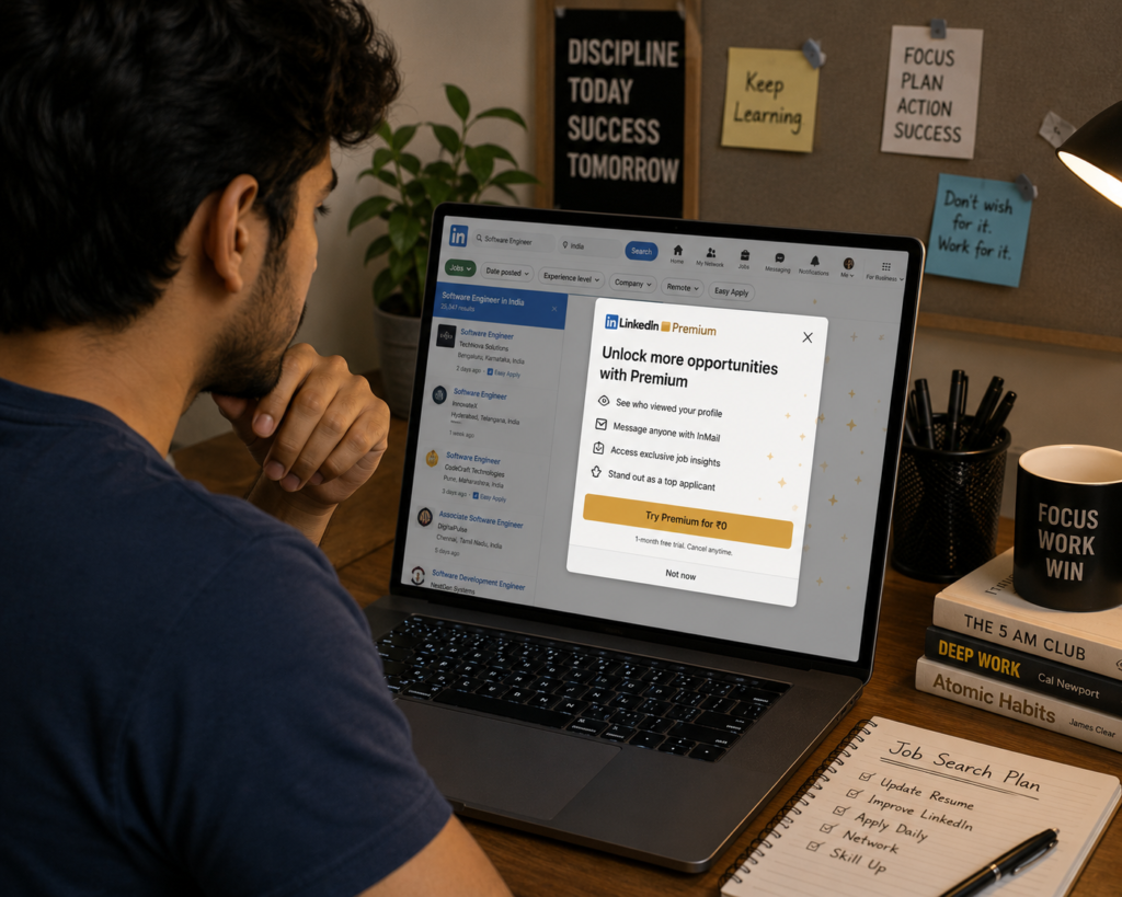 LinkedIn Premium upgrade popup appears, encouraging access to advanced job search tools, profile insights, and exclusive career features.