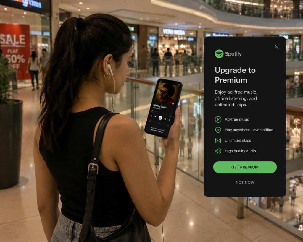 Spotify with wired earphones, receiving a Spotify Premium upgrade prompt for ad-free music and unlimited skips.