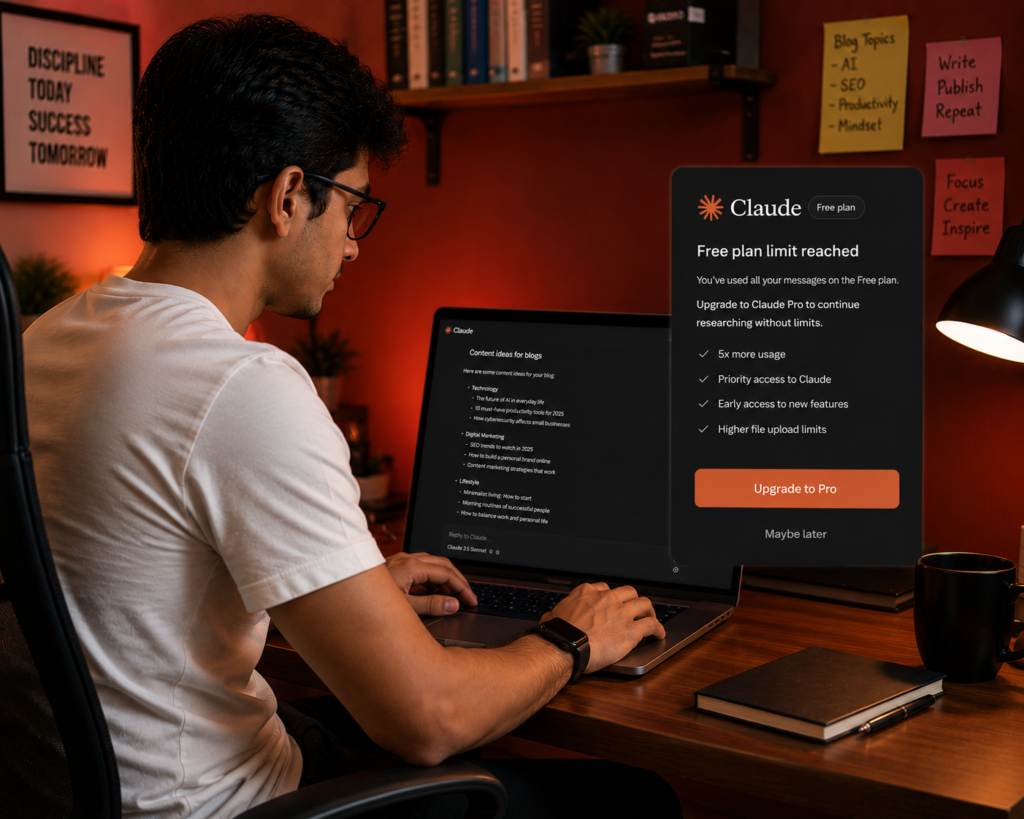 Free plan limit popup appears, prompting an upgrade to Claude Pro for uninterrupted AI-powered research.