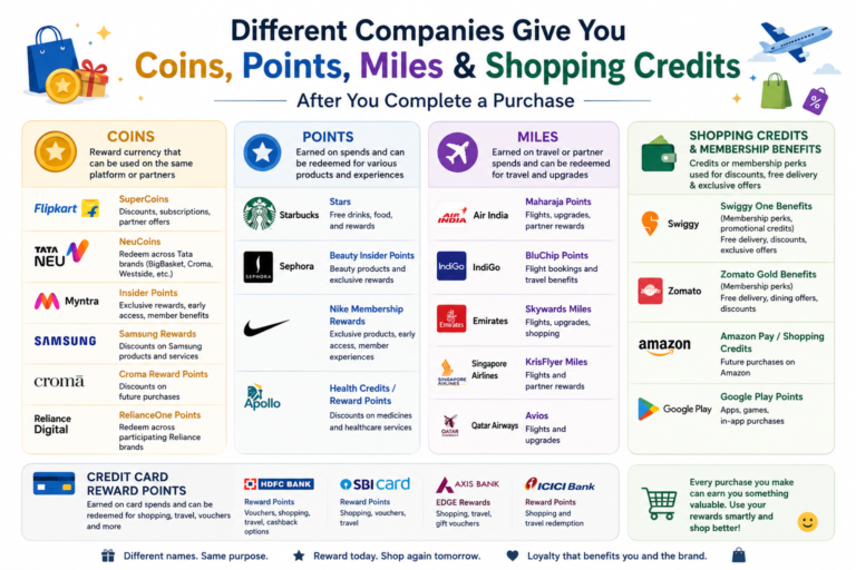 Different companies reward customers with shopping coins, reward points, airline miles, and shopping credits after purchases, including examples from Flipkart, Tata Neu, Starbucks, airlines, banks, and Google Play.