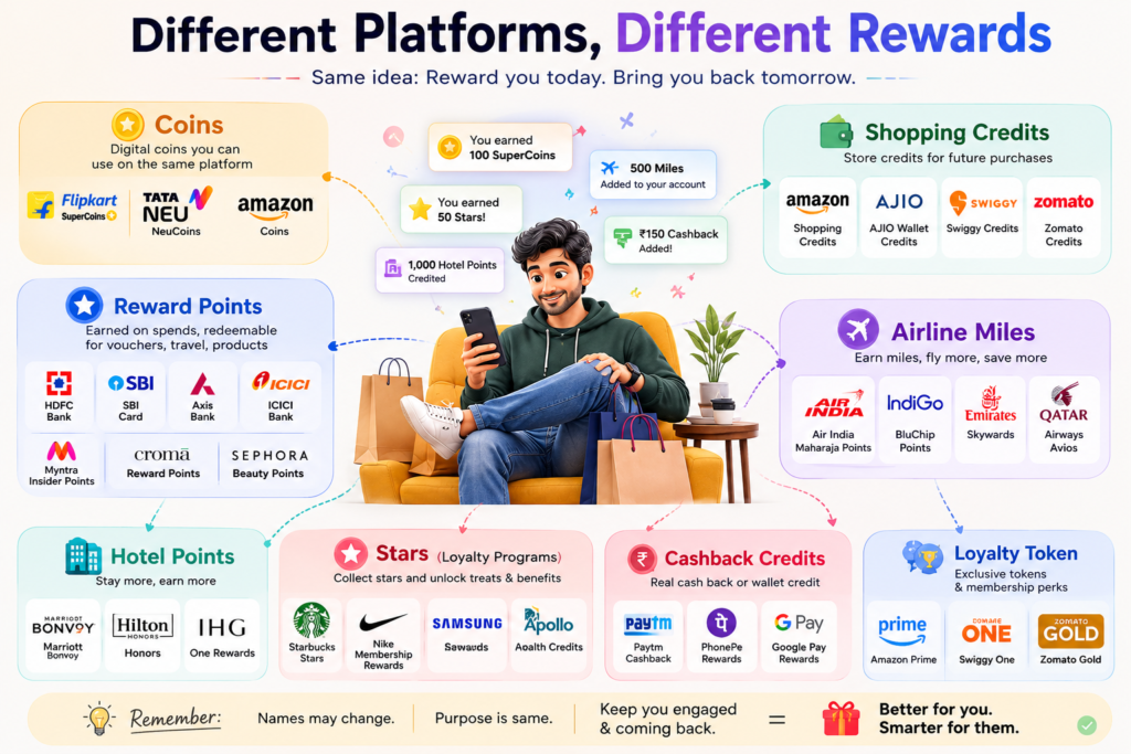 Different companies reward customers with shopping coins, reward points, airline miles, and shopping credits after purchases, including examples from Flipkart, Tata Neu, Starbucks, airlines, banks, and Google Play.