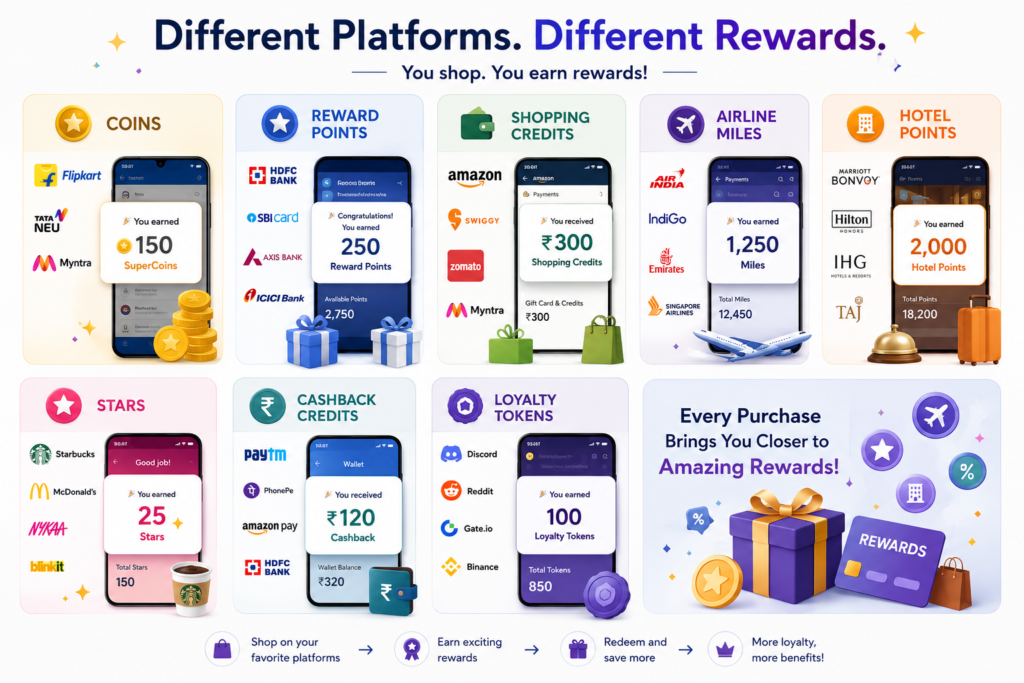 Different platforms rewarding customers with coins, reward points, shopping credits, airline miles, hotel points, stars, cashback credits, and loyalty tokens after completing purchases across apps and websites.