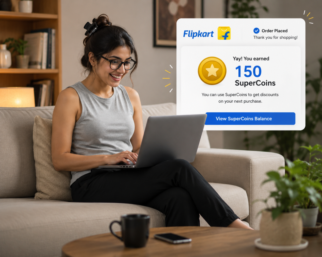 SuperCoins after completing purchase, demonstrating how shopping rewards encourage repeat purchases and customer loyalty.