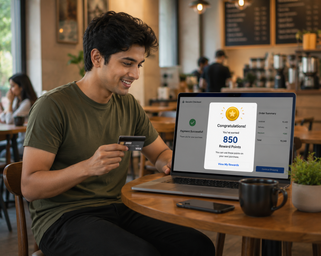 Credit card receiving reward points after completing his purchase, illustrating how credit card loyalty programs encourage repeat spending.
