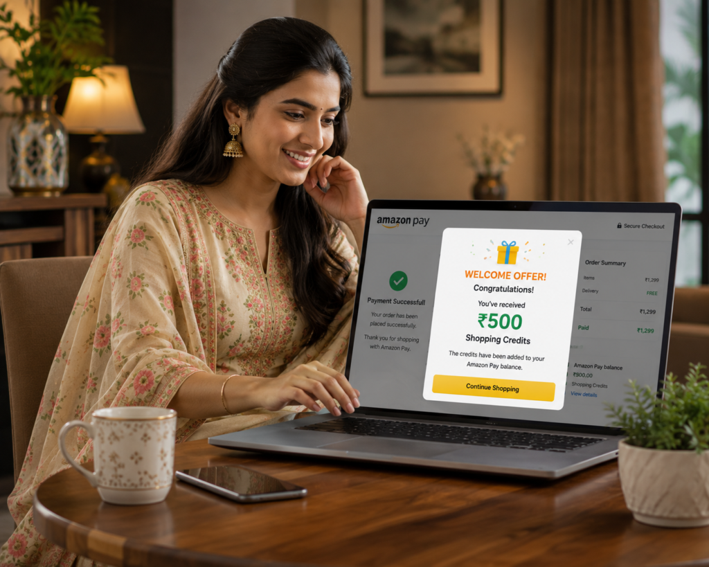 Amazon Pay  receiving a welcome offer with shopping credits after completing her purchase.