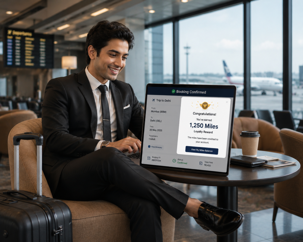 Earning airline loyalty miles after confirming the ticket, illustrating how frequent flyer reward programs encourage repeat travel.
