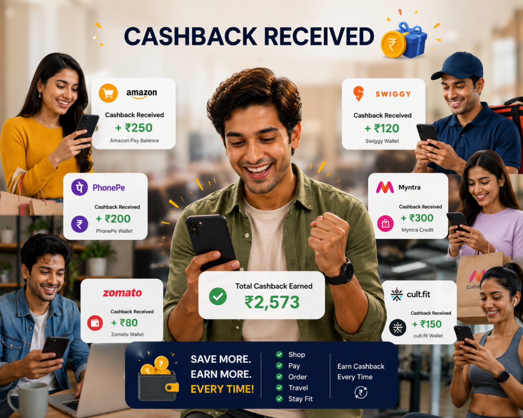 Different shopping, food delivery, payment, and lifestyle apps after completing purchases, illustrating how cashback programs encourage customer loyalty and repeat spending.