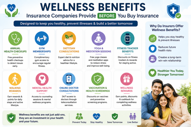Insurance Wellness Benefits offered by health insurance companies, including annual health checkups, gym memberships, dietitian consultations, yoga sessions, fitness tracker rewards, walking challenges, mental health support, online doctor consultations, preventive screenings, and wellness rewards.