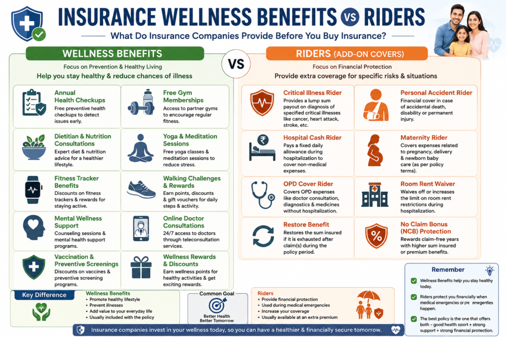 Difference between Insurance Wellness Benefits and Insurance Riders, including wellness services such as annual health checkups, gym memberships, dietitian consultations, yoga sessions, mental health support, and insurance riders like critical illness, personal accident, maternity, hospital cash, OPD cover, restore benefit, and no claim bonus.
