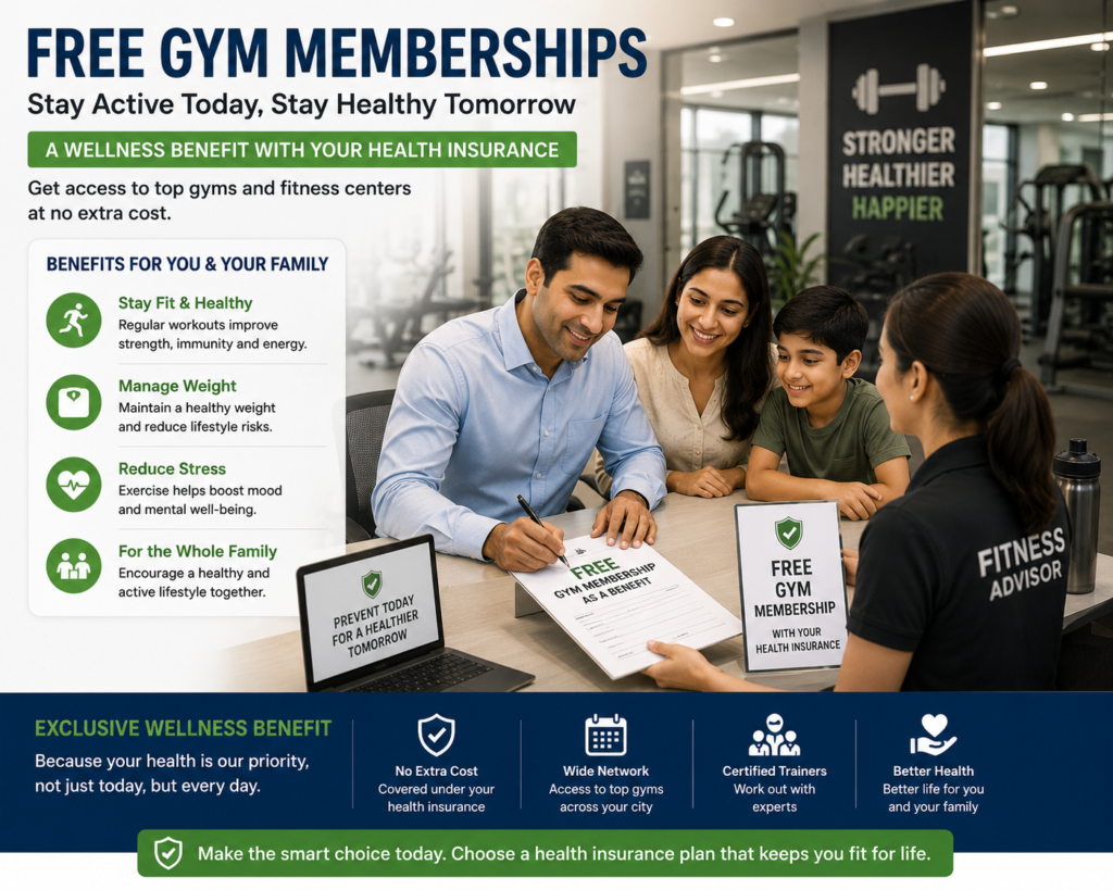 Health insurance plan at a fitness center and receiving a free gym membership as an Insurance Wellness Benefit to encourage a healthier lifestyle and preventive healthcare.