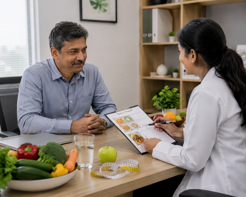 Professional dietitian before purchasing health insurance, illustrating dietitian and nutrition consultations as part of Insurance Wellness Benefits to encourage preventive healthcare and healthy lifestyle choices.