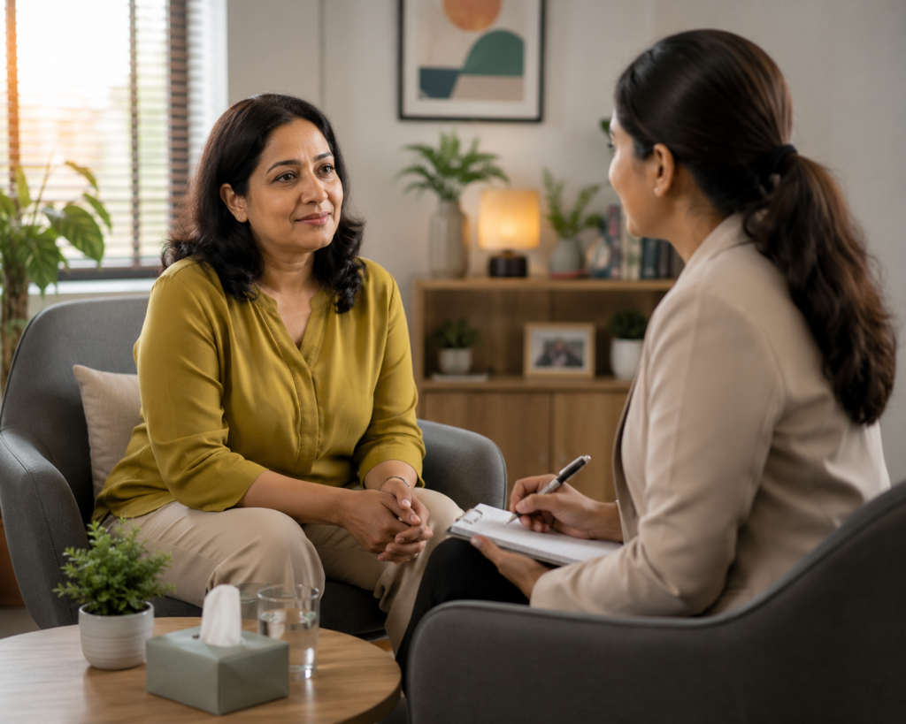 Mental health counseling session as part of Insurance Wellness Benefits, highlighting preventive emotional wellness support before purchasing a health insurance policy.