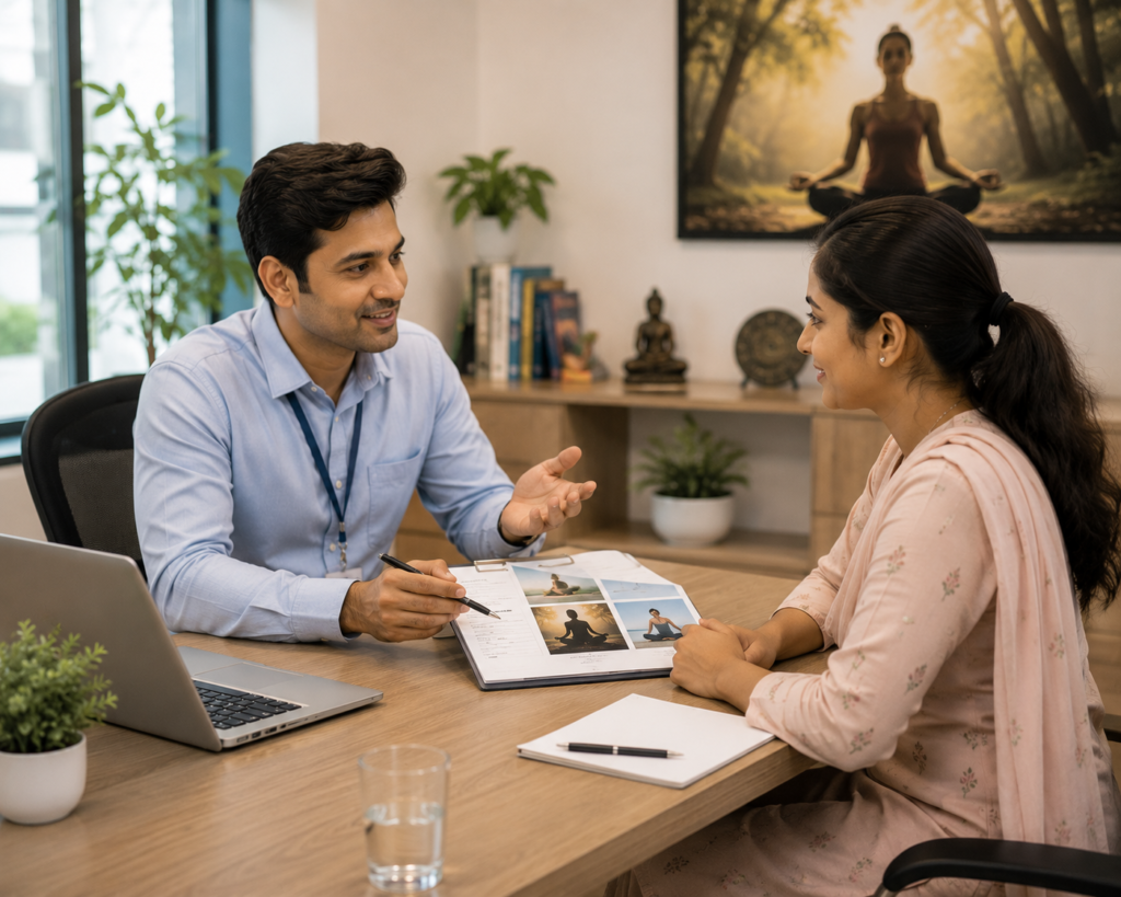 Young insurance advisor explaining yoga and meditation wellness programs to a young married woman before purchasing health insurance, highlighting preventive wellness benefits that promote long-term physical and mental well-being.