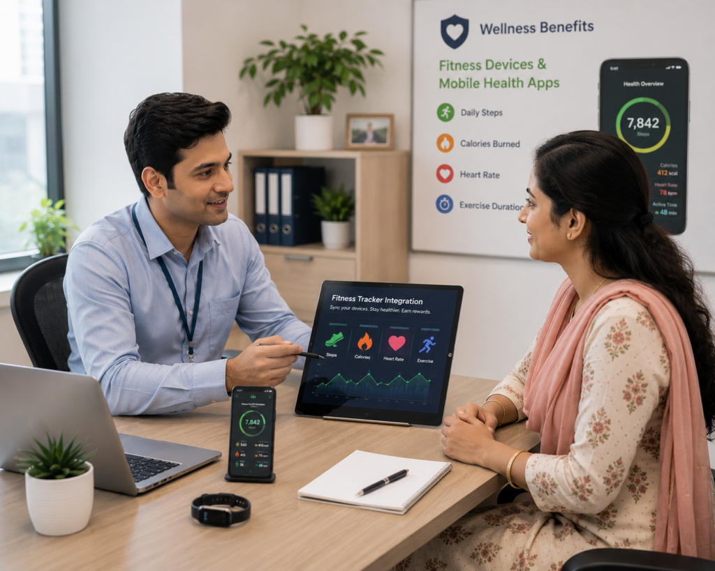 Insurance advisor explaining Fitness Tracker Integration and mobile health apps to a young married woman, demonstrating how wearable devices and health apps can track daily steps, calories burned, heart rate, and exercise duration as part of Insurance Wellness Benefits.