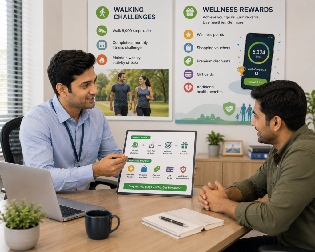 Insurance advisor explaining Walking Challenges and Wellness Rewards to a young man before purchasing health insurance, showing how completing daily step goals, fitness challenges, and activity streaks can earn wellness points, shopping vouchers, premium discounts, gift cards, and additional health benefits.