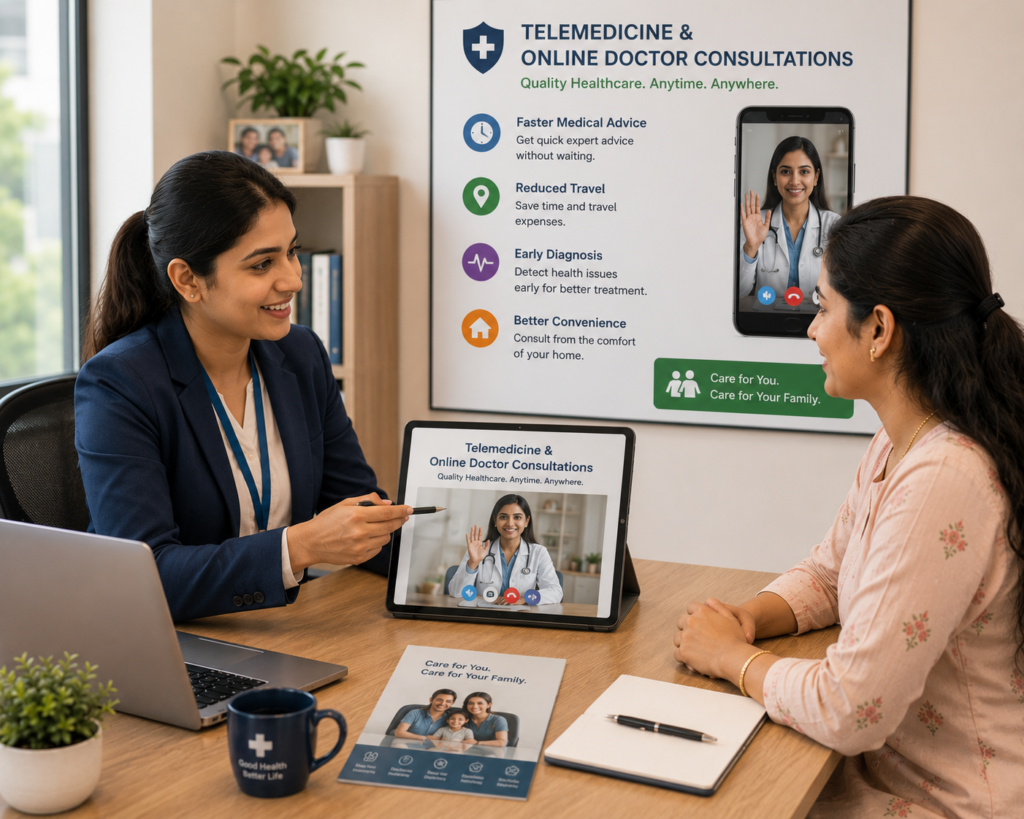 Female insurance consultant explaining Telemedicine and Online Doctor Consultations to a young woman before purchasing health insurance, demonstrating virtual doctor consultations, faster medical advice, reduced travel, early diagnosis, and convenient healthcare access for the entire family.