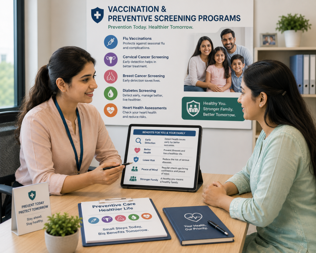 Female insurance consultant explaining Vaccination and Preventive Screening Programs to a young woman before purchasing health insurance, highlighting flu vaccinations, cervical cancer screening, breast cancer screening, diabetes screening, and heart health assessments as part of Insurance Wellness Benefits.