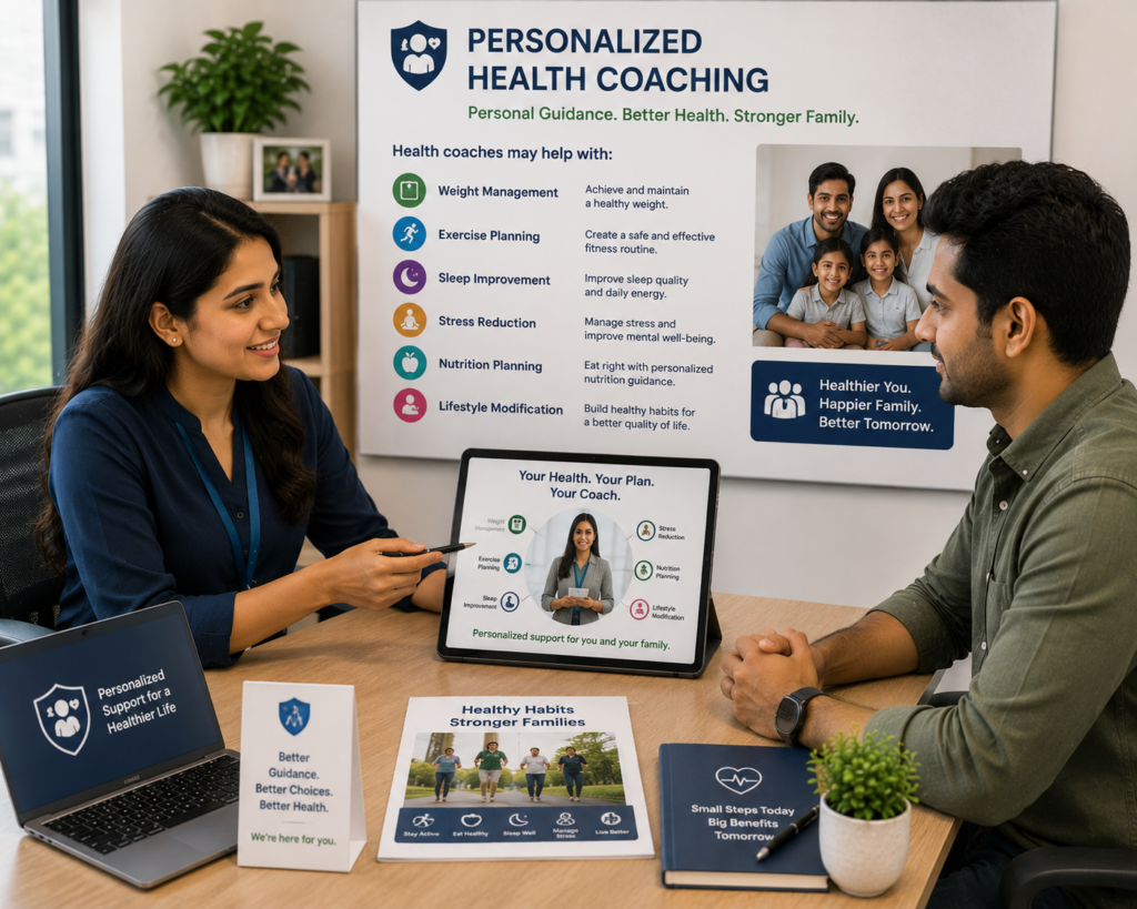 Female health coach explaining Personalized Health Coaching to a young man before purchasing health insurance, highlighting customized guidance for weight management, exercise planning, sleep improvement, stress reduction, nutrition planning, and lifestyle modification as part of Insurance Wellness Benefits.