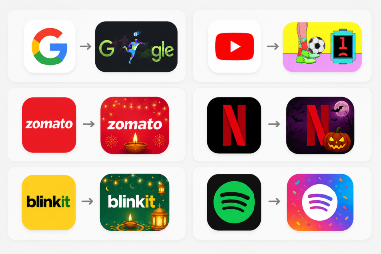 Digital platforms like Google, YouTube, Zomato, Netflix, Blinkit, and Spotify temporarily redesign their logos and app icons during festivals, sporting events, and seasonal campaigns as part of Event Marketing and brand engagement strategies.