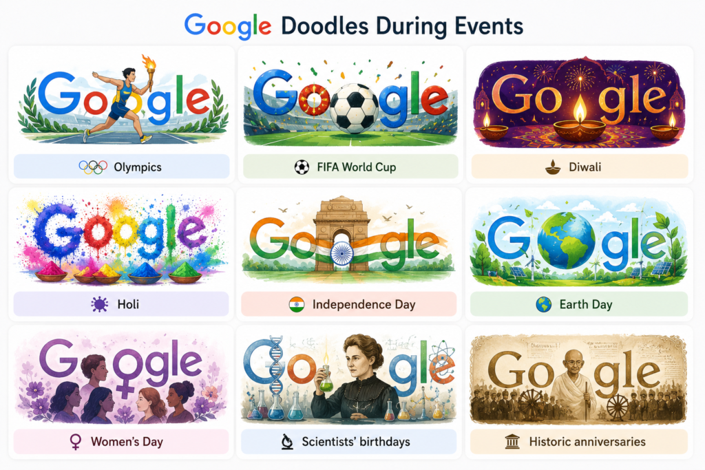 Google Doodles transforming for major global events such as the Olympics, FIFA World Cup, Diwali, Holi, Independence Day, Earth Day, Women's Day, scientists' birthdays, and historic anniversaries as examples of Event Marketing and brand engagement.