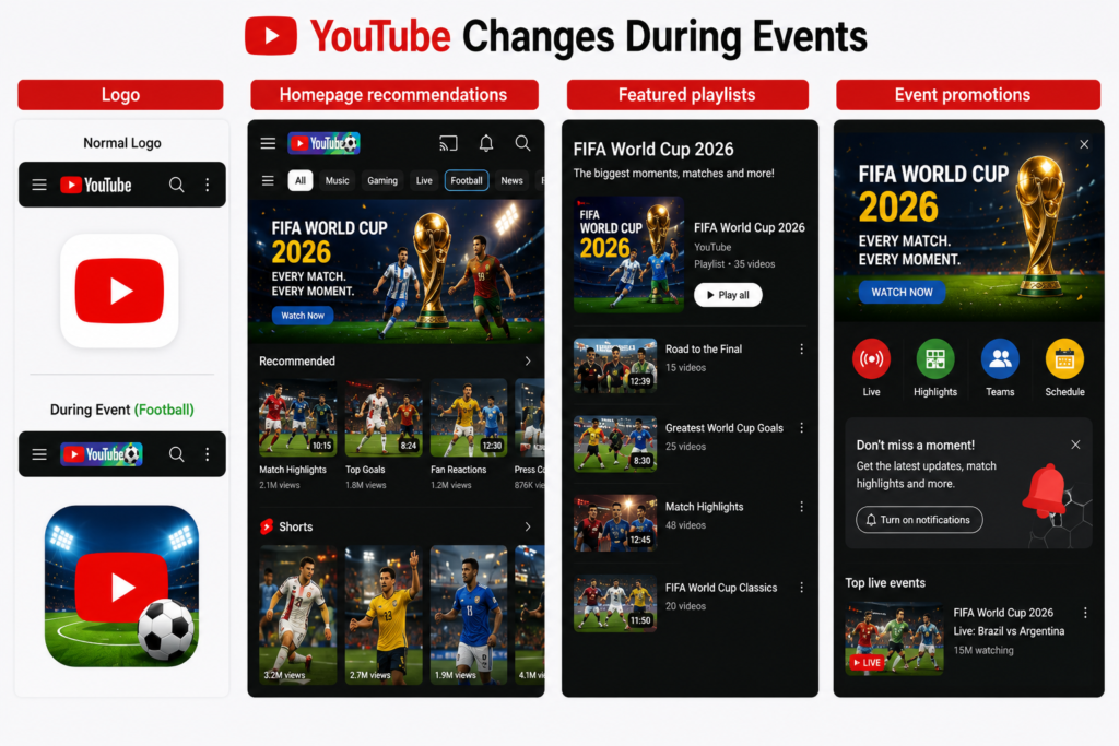 Infographic illustrating how YouTube changes its logo, homepage recommendations, featured playlists, and event promotions during major sporting events like the FIFA World Cup as part of its Event Marketing strategy to increase user engagement and content discovery.