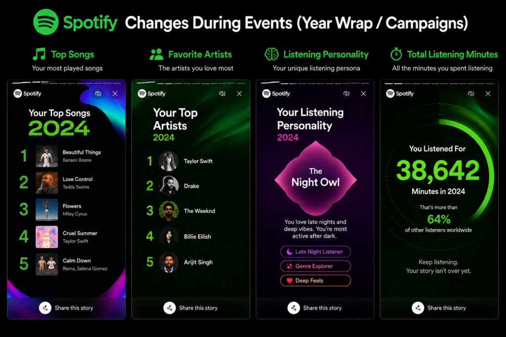 Spotify Wrapped with personalized year-end insights, including top songs, favorite artists, listening personality, and total listening minutes. The image demonstrates how Spotify uses personalization and experience marketing to increase user engagement and social sharing.