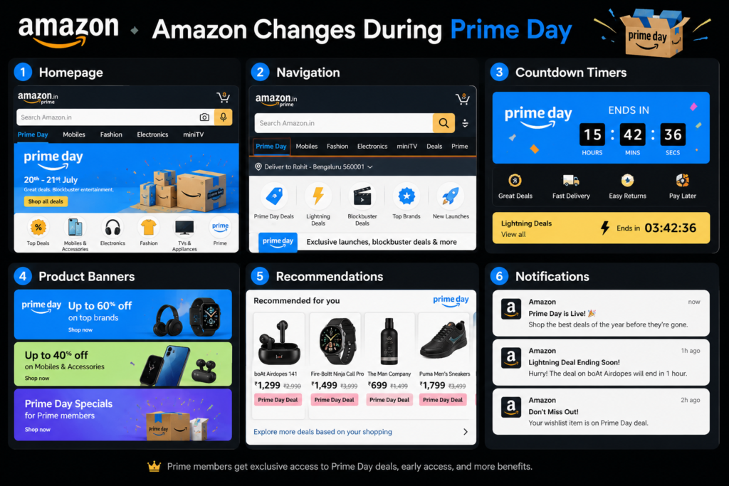 Infographic illustrating how Amazon transforms its website and mobile app during Prime Day by updating the homepage, navigation, countdown timers, product banners, personalized recommendations, and push notifications to create a high-engagement shopping experience.
