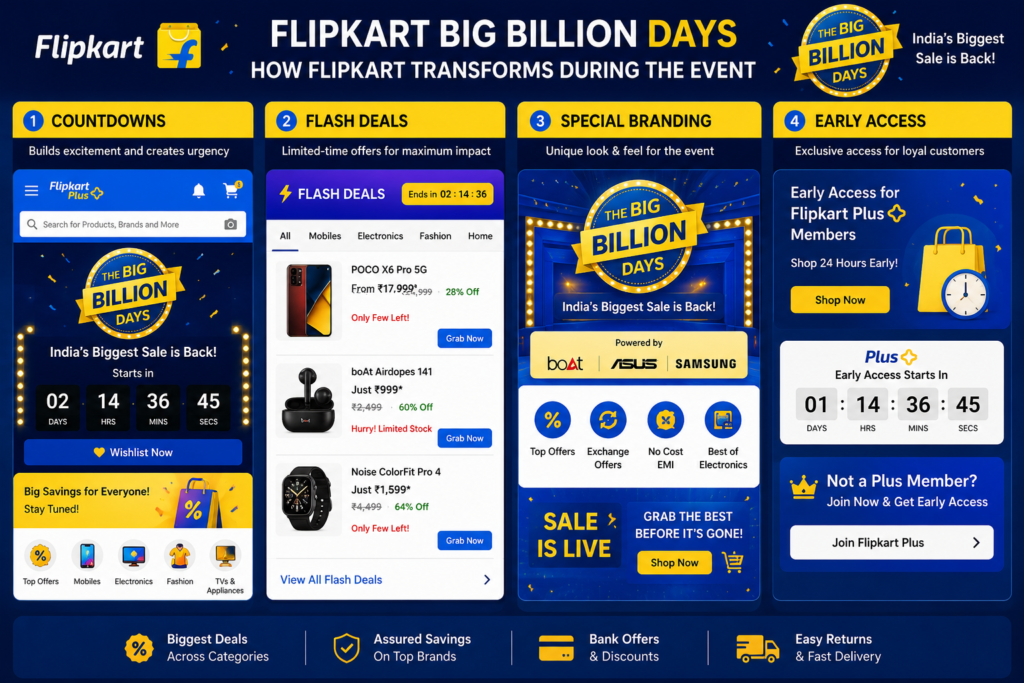Infographic illustrating how Flipkart transforms its app and website during Big Billion Days with countdown timers, flash deals, special event branding, and early access for Plus members as part of its Event Marketing strategy.