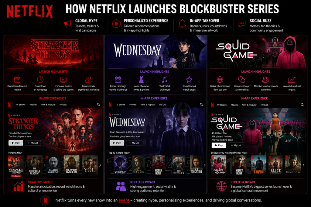 Infographic illustrating how Netflix promotes blockbuster series like Stranger Things, Wednesday, and Squid Game through homepage takeovers, personalized recommendations, featured banners, and in-app promotions as part of Product Experience Marketing and content launch strategy.
