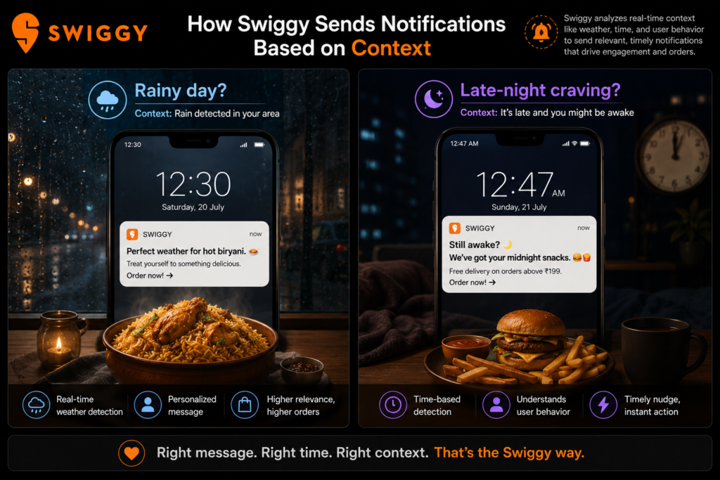 Infographic illustrating how Swiggy uses contextual marketing by sending personalized push notifications based on real-time situations, such as recommending hot biryani on a rainy day and midnight snacks during late-night hours to increase customer engagement and food orders.