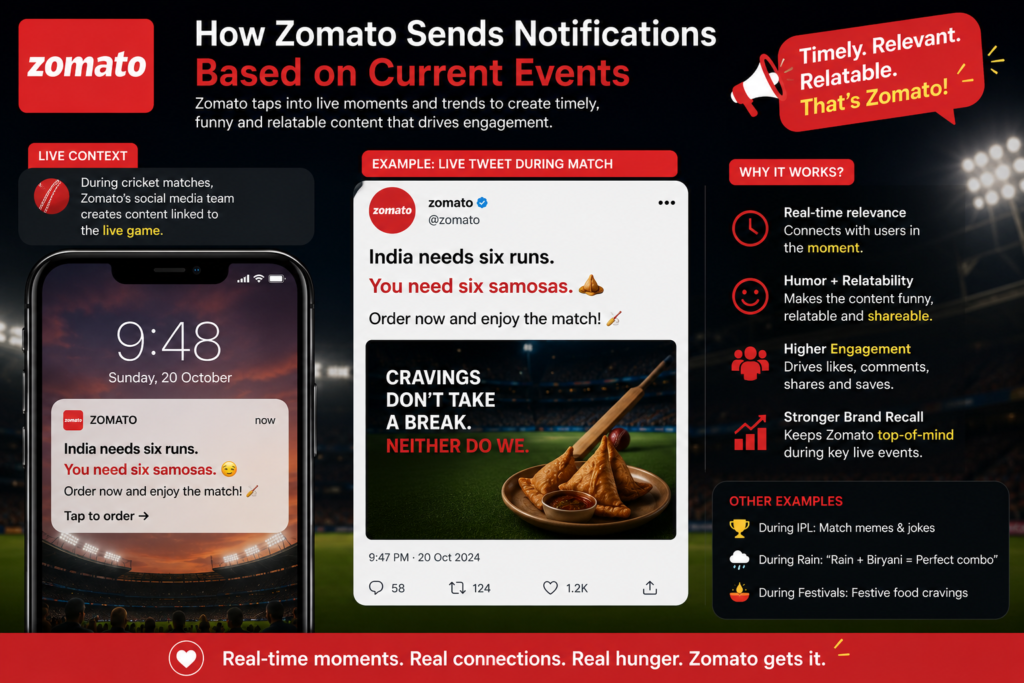 Infographic illustrating how Blinkit uses Contextual Marketing by adapting its homepage and notifications based on real-time situations such as IPL matches, rainy weather, and summer. The image highlights snack recommendations during cricket, tea and Maggi during rain, and ice cream promotions during hot weather.