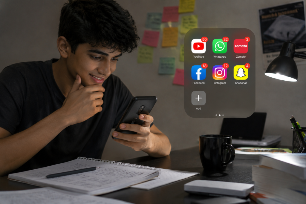 Distracted by red notification badges on his smartphone from apps like YouTube, WhatsApp, Instagram, Facebook, Snapchat, and Zomato, illustrating how red notifications capture attention and interrupt focus.