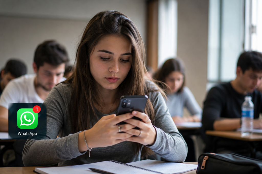 A student in a classroom looks at her smartphone after receiving a WhatsApp notification, momentarily distracted from taking notes while other students continue studying.