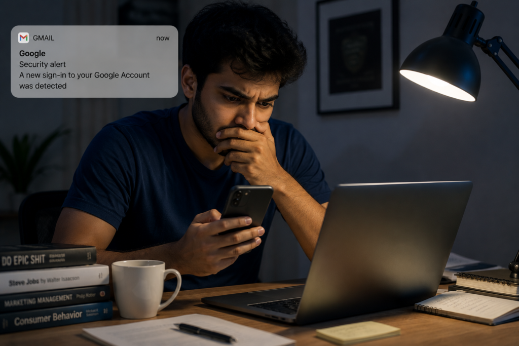 A worried young man checking a Gmail notification on his smartphone, anxiously wondering if the email is important while working on his laptop.