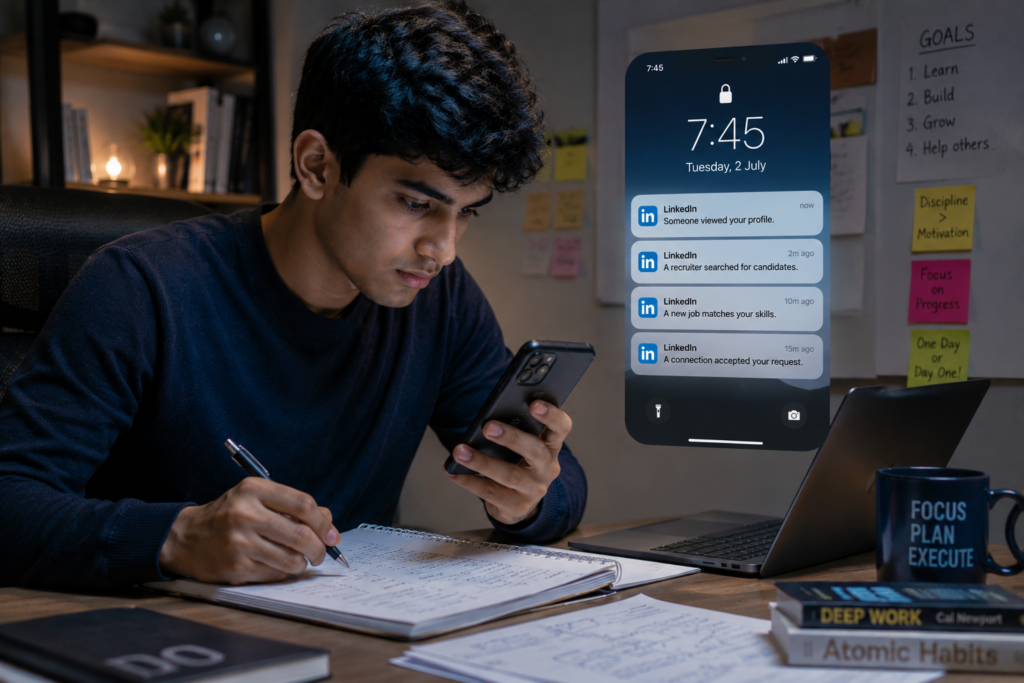 An aspiring professional working at his desk pauses to check LinkedIn notifications on his smartphone showing profile views, recruiter searches, job recommendations, and a new connection request, illustrating how career alerts capture attention.