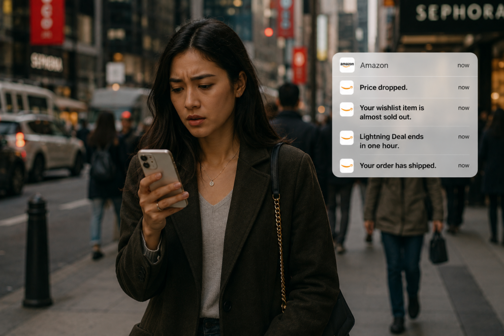 A young woman checking Amazon app notifications while walking on a busy city street, with alerts for a price drop, wishlist item, Lightning Deal, and shipped order.