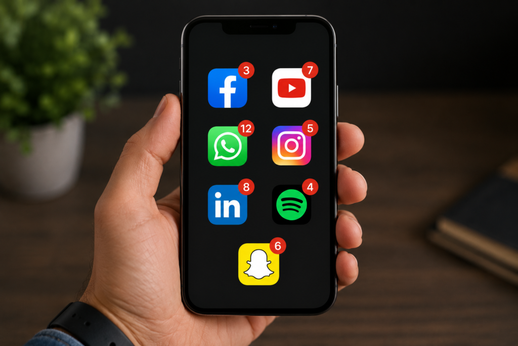 A smartphone displaying Facebook, YouTube, WhatsApp, Instagram, LinkedIn, Spotify, and Snapchat app icons with bright red notification badges, illustrating how different brands use the same red notification color to capture user attention.