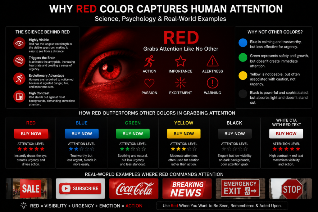 An infographic explaining why the color red captures human attention more effectively than blue, green, yellow, and black by triggering action, importance, alertness, passion, excitement, and warning through color psychology.