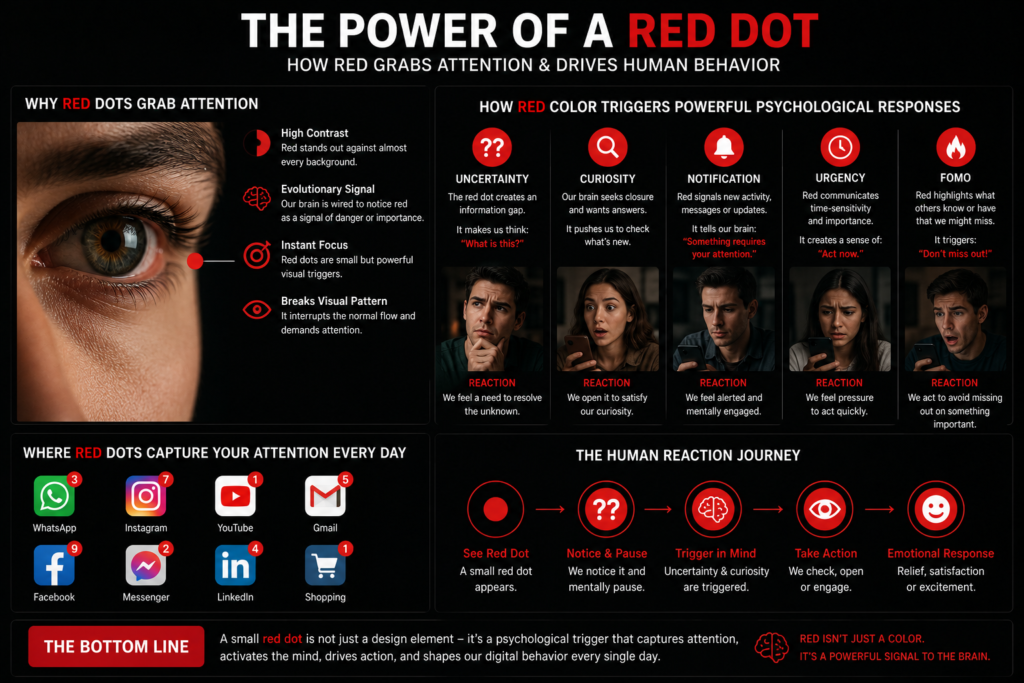 An infographic illustrating how a small red notification dot triggers uncertainty, curiosity, urgency, FOMO, and user engagement through color psychology and human attention.