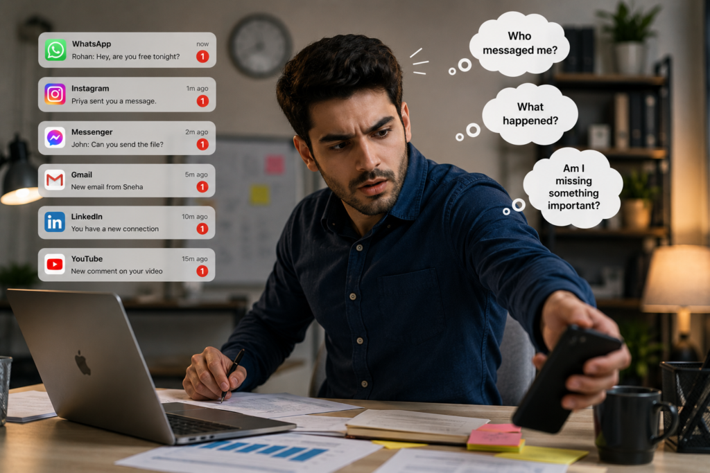 A focused office worker suddenly grabbing his smartphone after noticing a red notification badge, wondering who messaged him, what happened, and whether he is missing something important.