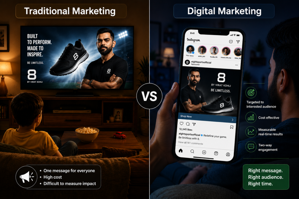 Traditional Marketing vs Digital Marketing showing how businesses promote products through newspapers, TV, radio, and billboards compared to social media and digital platforms.