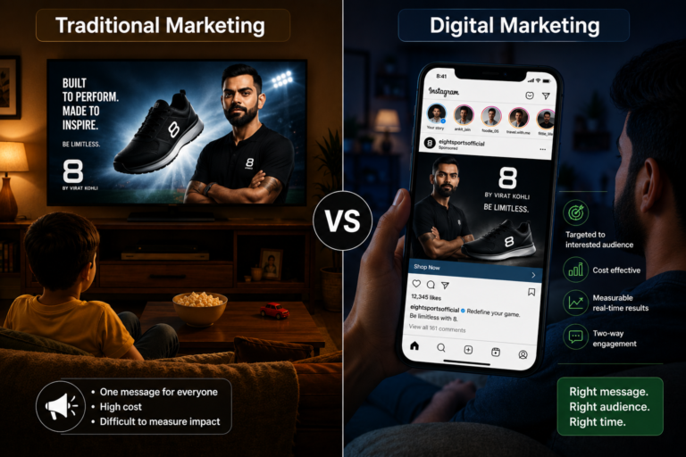 Traditional Marketing vs Digital Marketing showing how businesses promote products through newspapers, TV, radio, and billboards compared to social media and digital platforms.