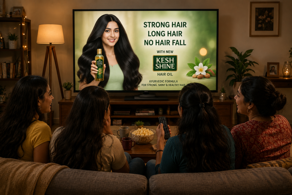 Traditional Marketing example showing how television advertising delivers the same promotional message to a broad audience, making TV one of the most effective channels for mass brand awareness and product promotion.