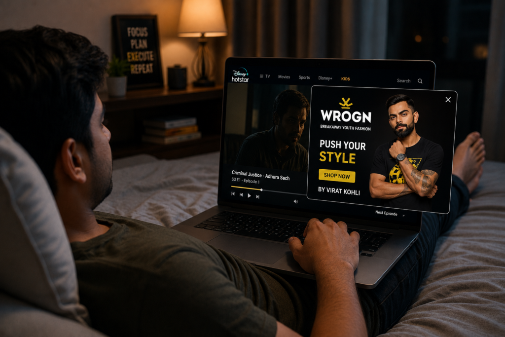 Digital Marketing example demonstrating how streaming platforms and online channels deliver personalized advertisements based on user interests, viewing behavior, and audience targeting to improve relevance and campaign performance.