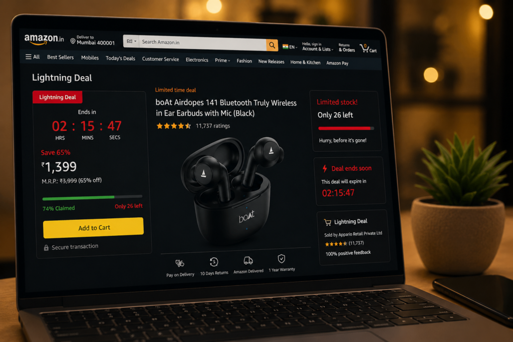 A realistic laptop displaying an Amazon-style Lightning Deal with a countdown timer, limited stock alert, deal expiration warning, and a progress bar showing how many products have already been claimed to create purchase urgency.