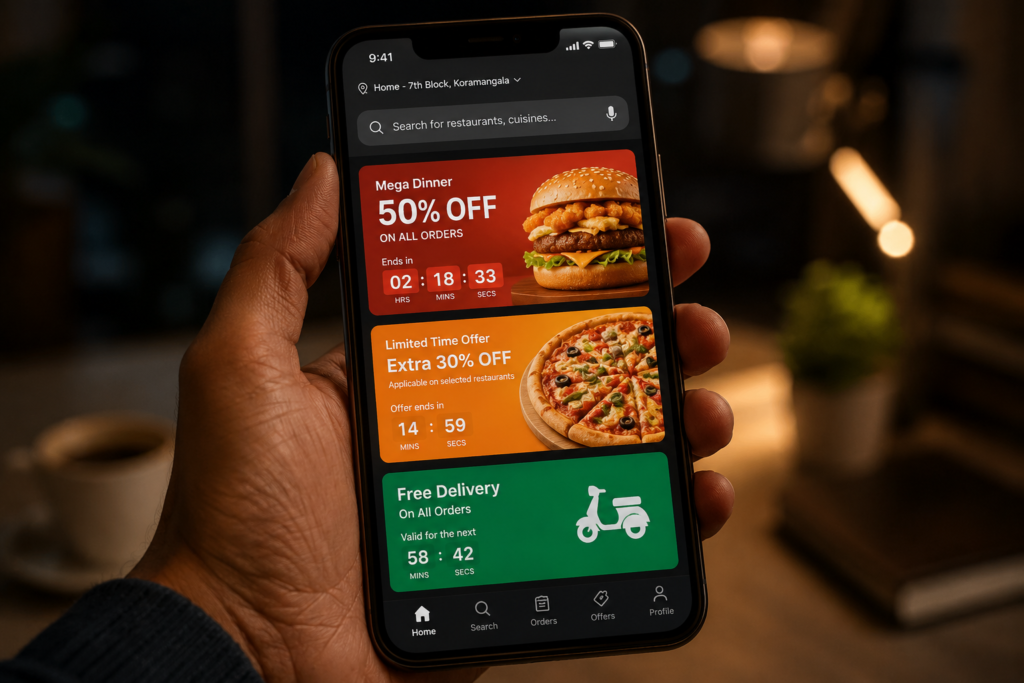 A realistic smartphone displaying a food delivery app with time-sensitive discount offers, countdown timers, promotional banners, and free delivery incentives designed to encourage customers to place orders quickly.