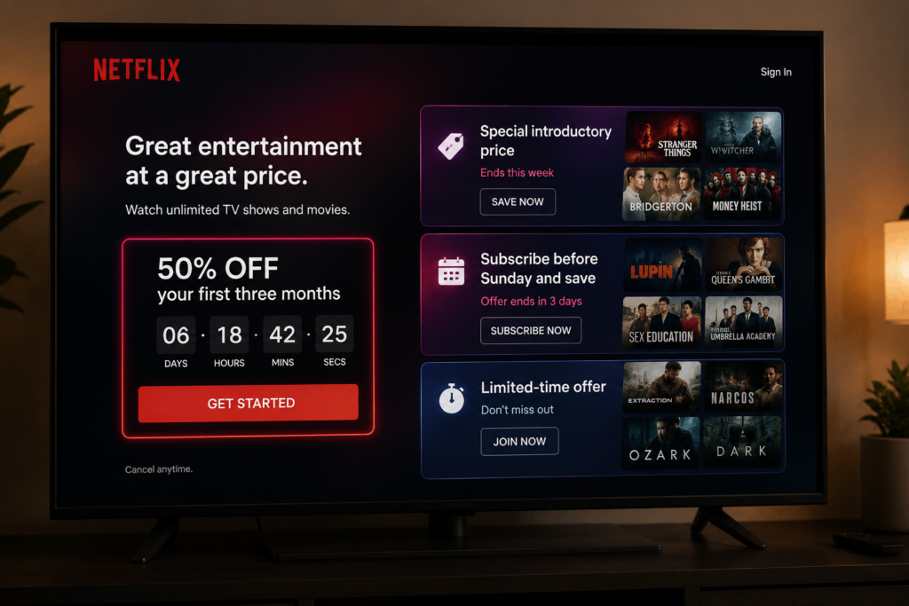 A realistic smart TV displaying a streaming platform with limited-time subscription offers, countdown timers, introductory pricing, and promotional banners designed to encourage users to subscribe before the offer expires.