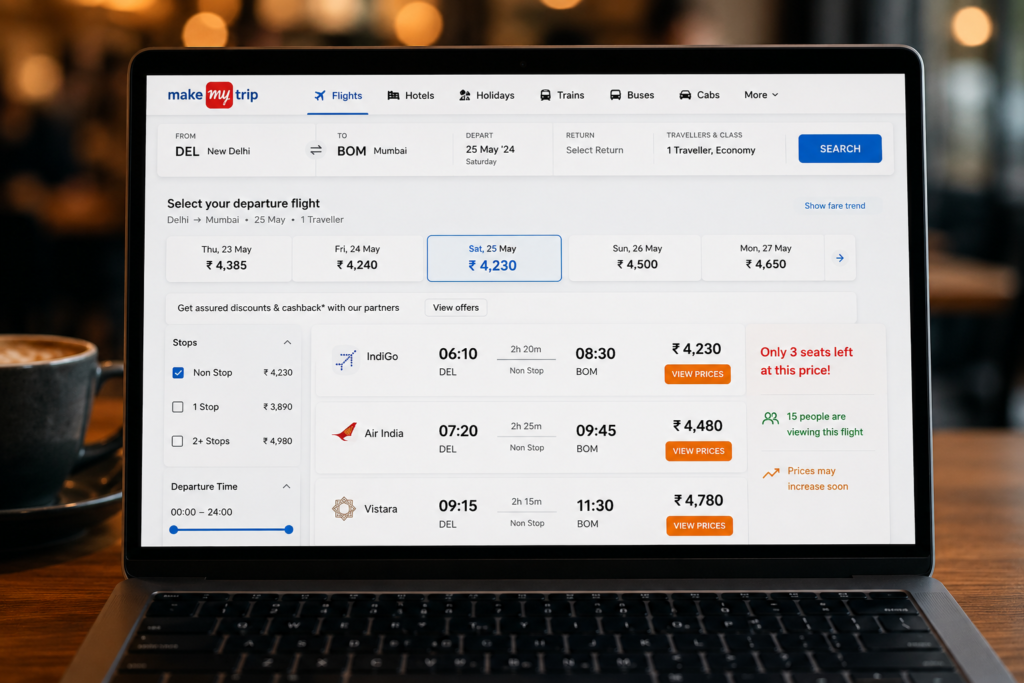A realistic laptop displaying an airline booking platform with limited seat availability alerts, live flight viewing activity, fare increase notifications, and promotional booking prompts designed to encourage faster ticket purchases.