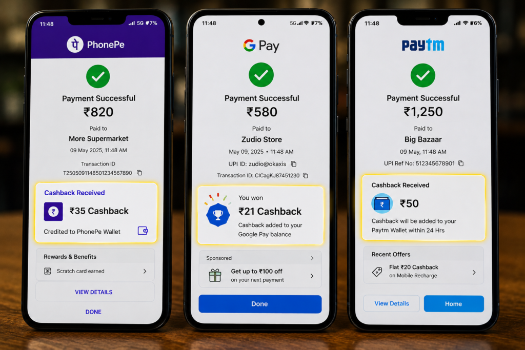 Ultra realistic smartphone screens showing successful digital payments with cashback rewards prominently highlighted across popular payment platforms after completed transactions.