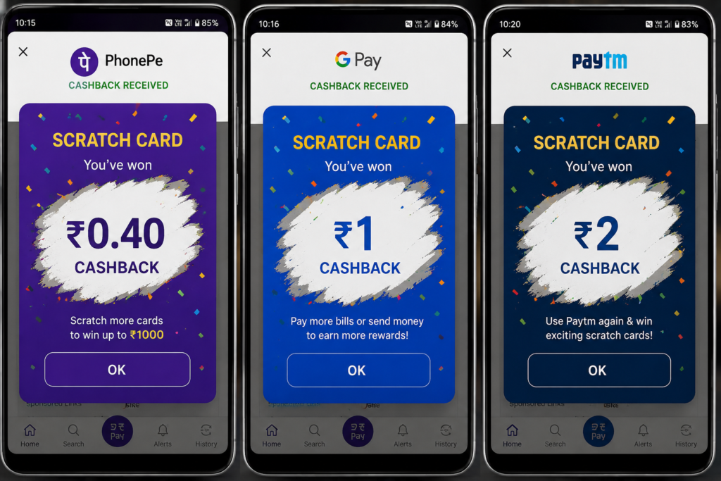 Ultra realistic smartphone screens displaying scratched digital payment reward cards revealing small cashback amounts like ₹0.40, ₹1, and ₹2 after successful transactions across popular payment apps.